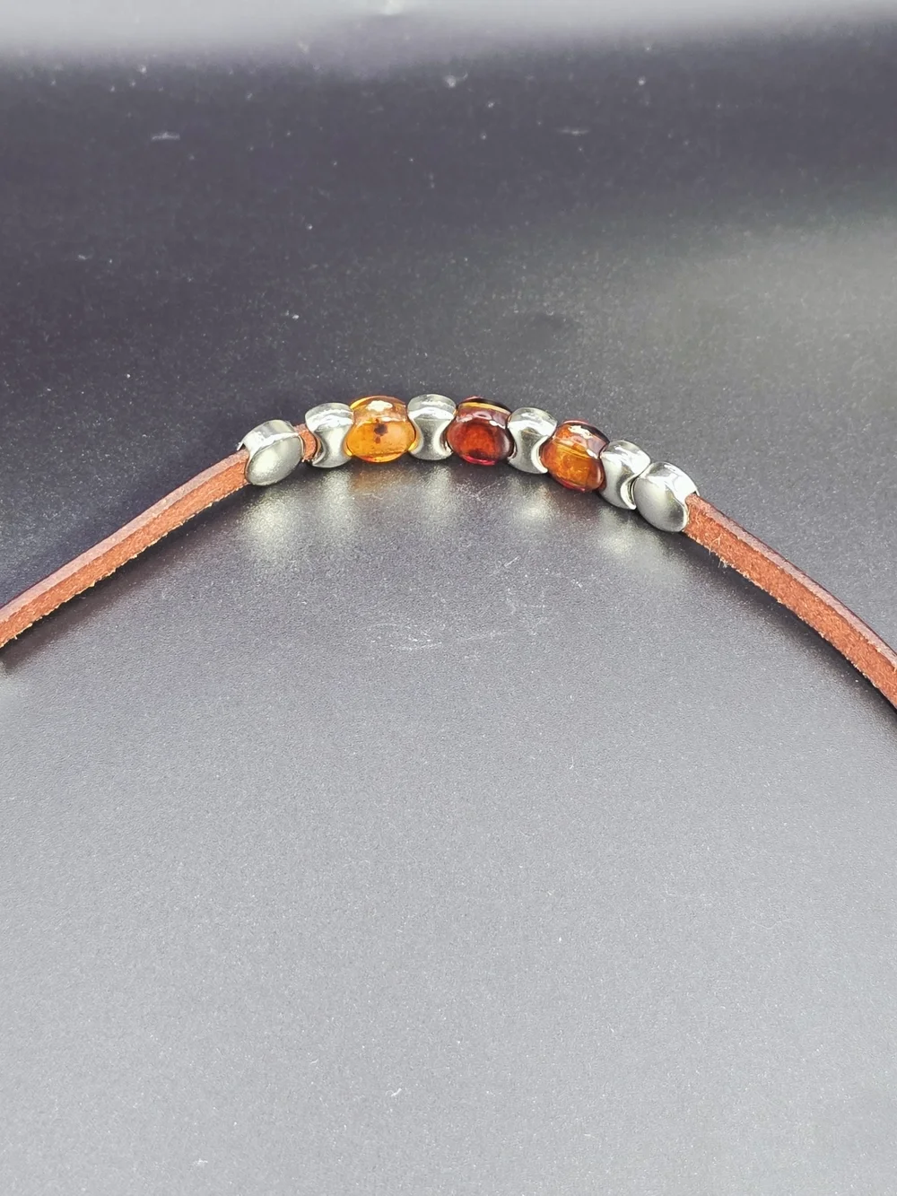 Italian Artisan Leather Bracelet with Amber Glass Cabochons
